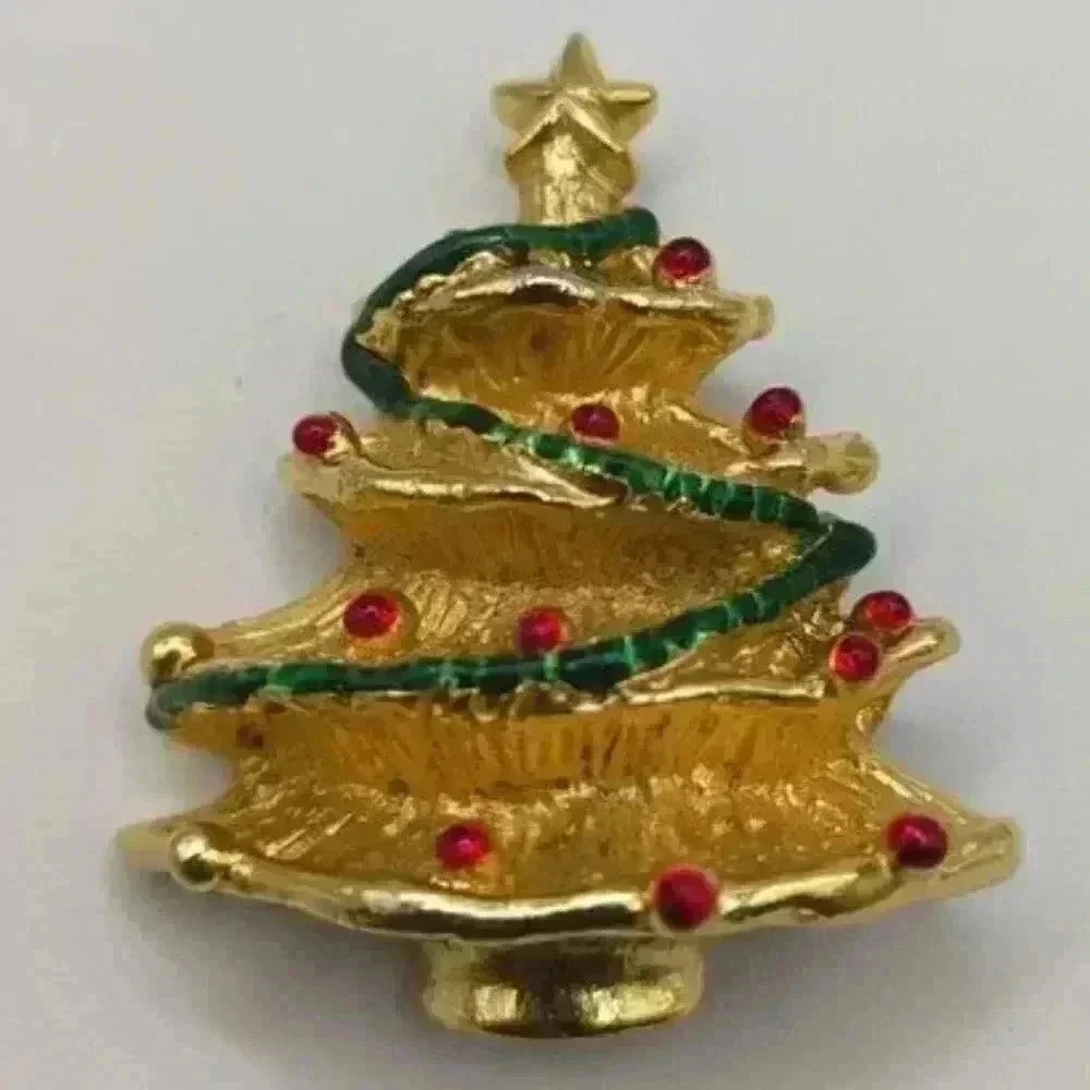 Vintage Brooch Gold Tone Holiday Christmas Tree Pin Brooch Green Red Enamel C60 - Picture 5 of 11